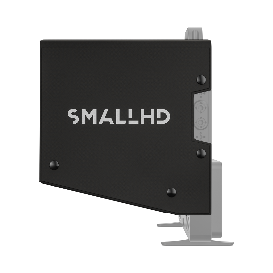 Side profile of the SmallHD Cine 18 Snap-On Sunhood showing the black side panel with SmallHD logo and angled lower edge